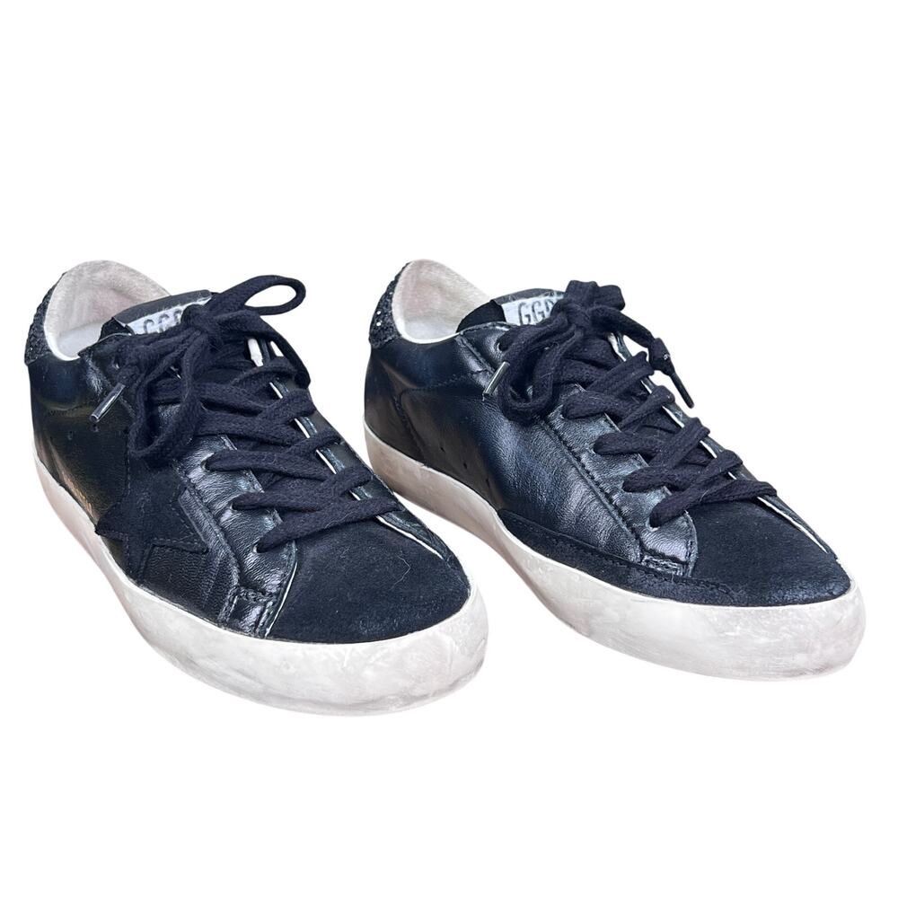 Golden Goose Superstar Black Leather Glitter Heel Sneakers Size 37 US 7 - Picture 5 of 12
